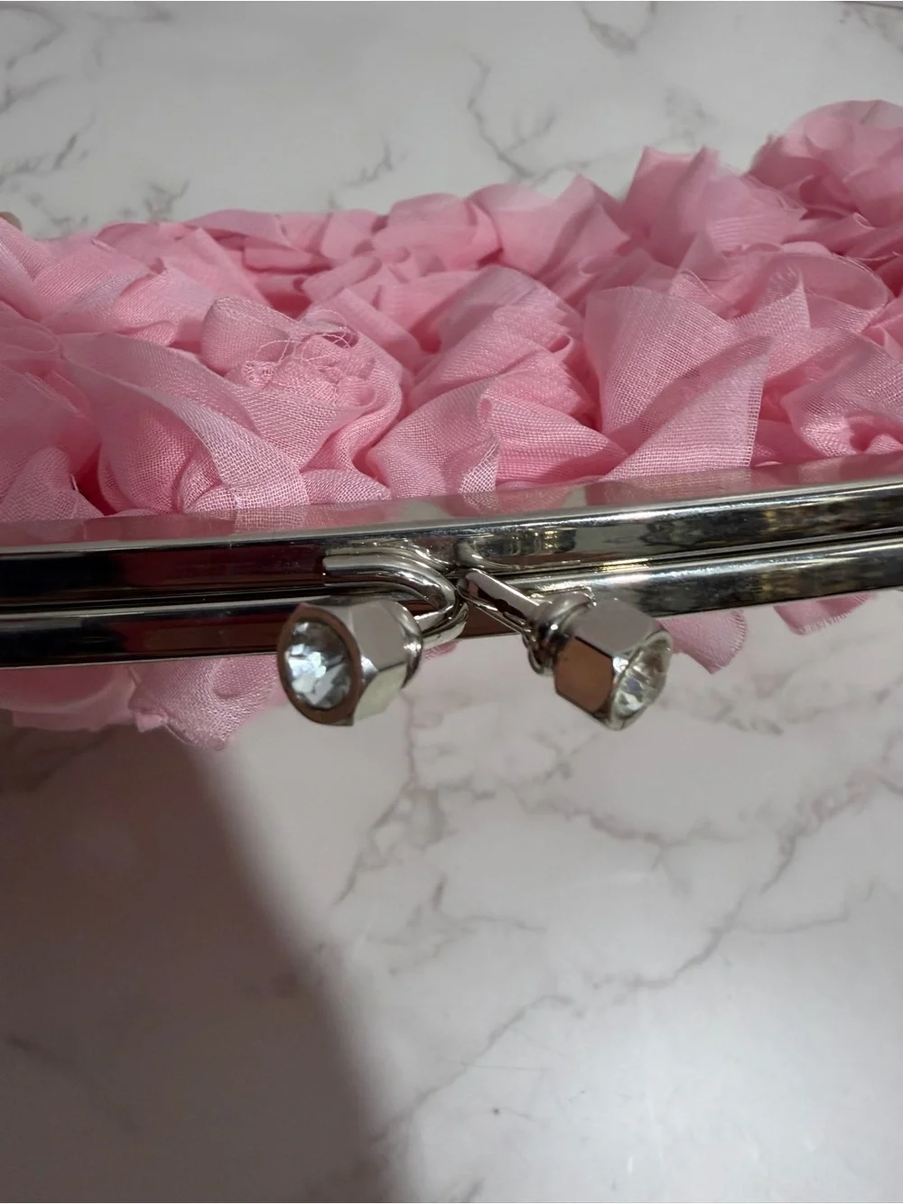 Pink Ruffle Evening Clutch/Crossbody Crystal Embellished Kiss-Lock Handbag